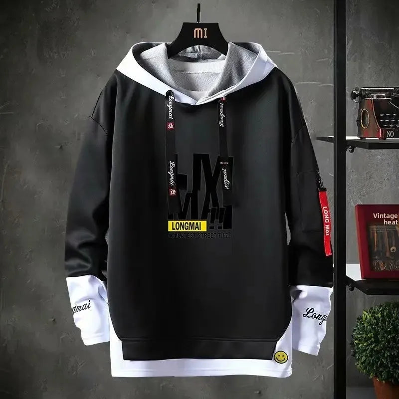 Cooler Herren-Hoodie mit Fake-Zweiteiler-Design, Frühling-Herbst Neue Koreanische Version, Modische Jugendliche Studenten-Jacke